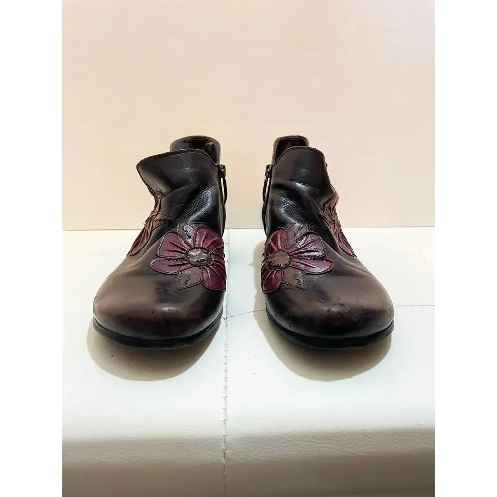 Regarde le Ciel Brown Leather Floral Applique Ankle Boots Size 40
